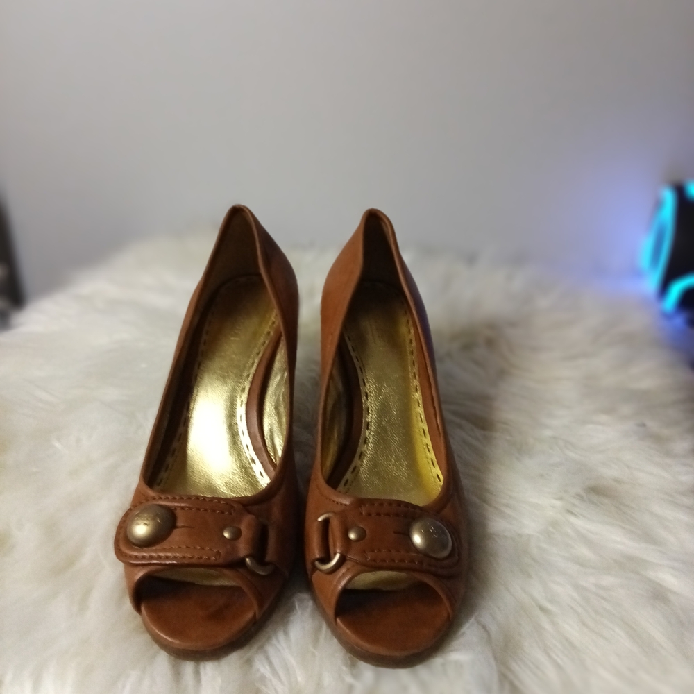 Coach Dorita Brown Leather Open Toe Heels - Picture 3 of 4